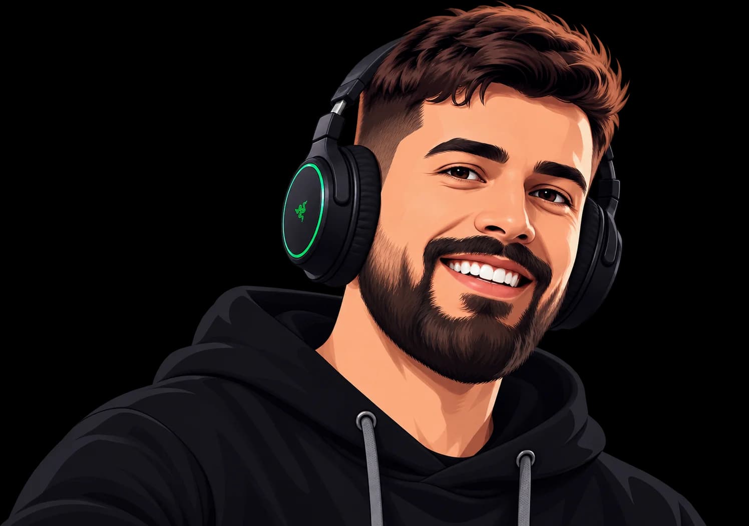 Caricature of Felipe Seabra with dark hair, full beard, headphones and hoodie